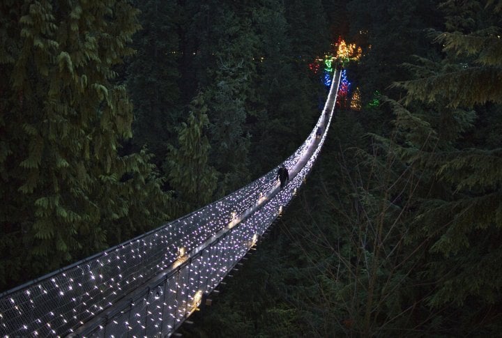 Visitors walk across the Capilano Suspension Bridge decorated in Christmas lights in North Vancouver, British Columbia, Canada. ©Reuters/ Andy Clark