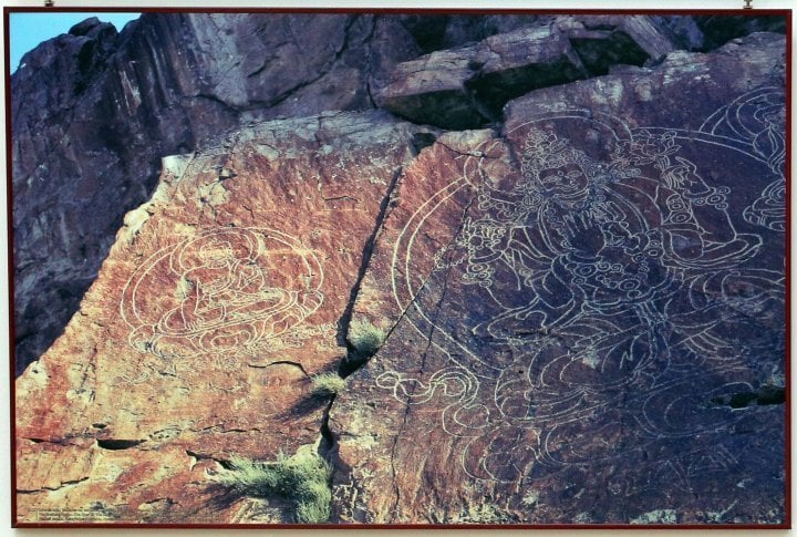 Budda. 5-6th BC. Tamgaly Tract. Almaty Oblast, in southern Kazakhstan. 170 km northwest of Almaty.  The tract has preserved many petroglyphs (rock paintings), images of mysterious deities and late Buddhist inscriptions.