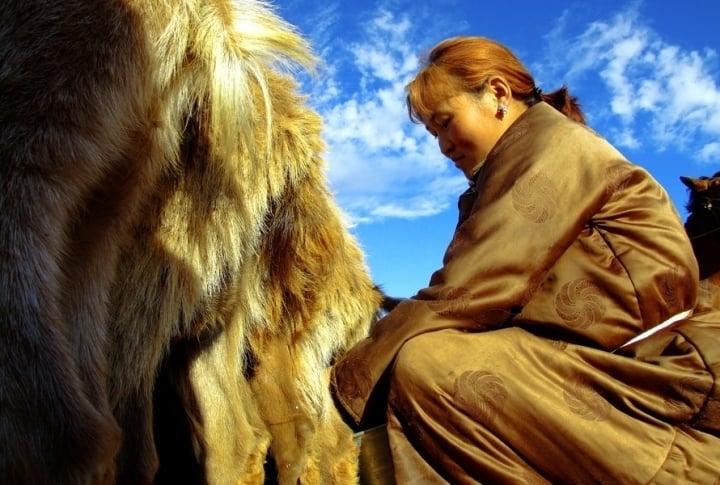 Mongolian dairy-woman received 400 grams of milk from one goat. ©Rustem Rakhimzhan