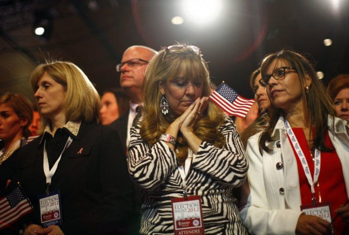 Republican presidential nominee Mitt Romney's supporters react after Romney was projected to lose during his election night rally in Boston. ©REUTERS/ERIC THAYER