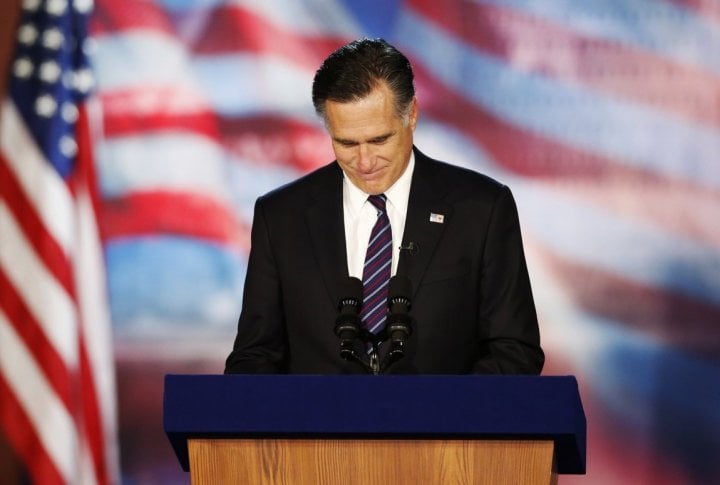 Republican presidential nominee Mitt Romney delivers his concession speech during his election night rally in Boston. ©REUTERS/Mike Segar