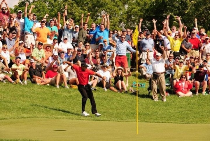 Fans cheer after Tiger Woods scores his 73rd victory. Photo courtesy of SI.com