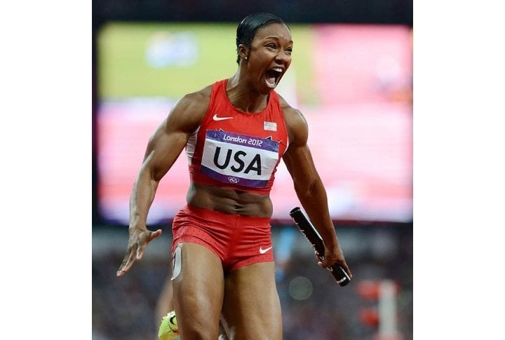 Carmelita Jeter after completing the anchor leg as the U.S. won the 4x100 relay in world record time (40.82) at the London Games. Photo courtesy of SI.com