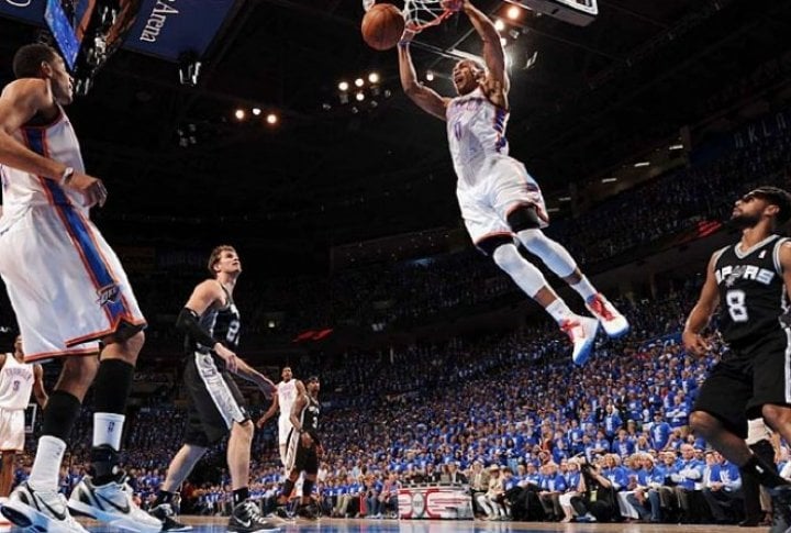 Russell Westbrook scores a slam dunk during Game 3 of the Western Conference Finals. Photo courtesy of SI.com