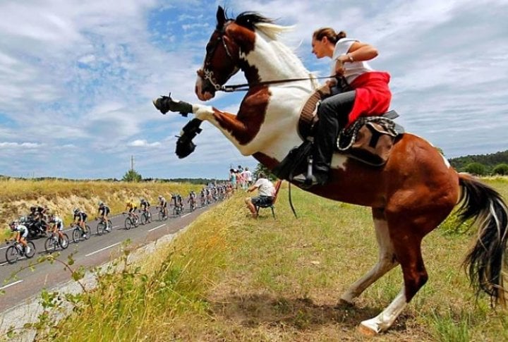 Tour de France cyclists ride past a woman on a horse. Photo courtesy of SI.com