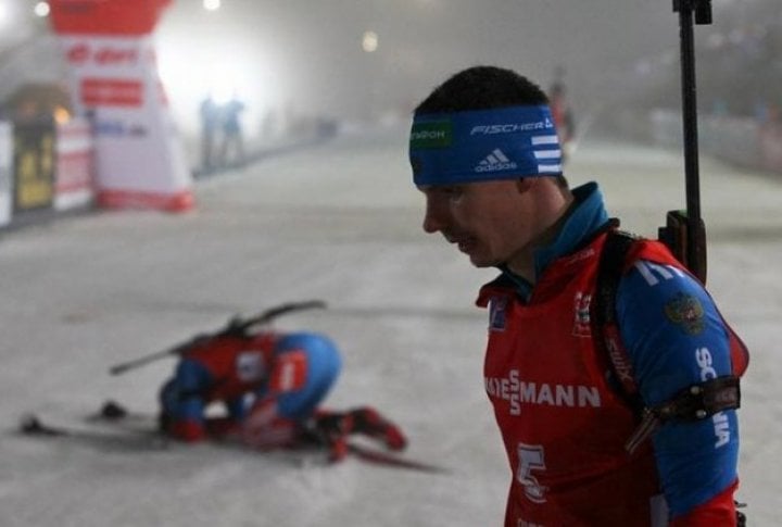 Leaders of the sprint on finish - Dmitriy Malyshko and Yevgeniy Garanichev. Photo courtesy of biathlonrus.com