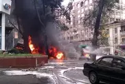 Petrol tank truck flares near Rixos hotel in Almaty
