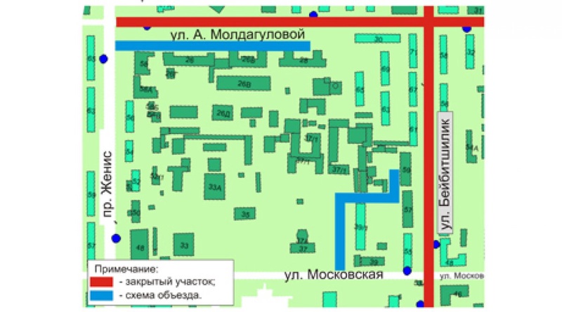 Красным цветом обозначены закрытые участки, схема объезда- синим цветом