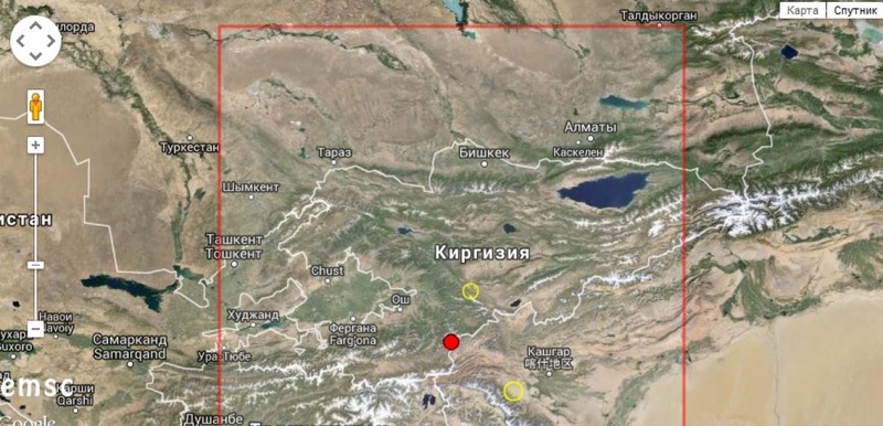 Карта с указанием эпицентра землетрясения с сайта emsc-csem.org