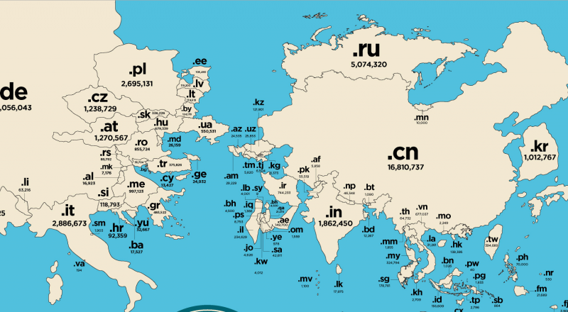 Карта мира по размеру доменов. Казахстан в центре. Скриншот с сайта Wired.