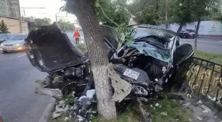 Сбив деревья и ограждение, авто в Алматы превратилось в груду металла