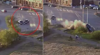 Авто протаранило дорожный знак у акимата в Карагандинской области