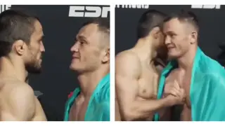 Добрая дуэль взглядов: Алмахан и Нурмагомедов улыбались и обнялись