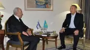 Kazakhstan’s President Nursultan Nazarbayev meets his Israeli counterpart Shimon Peres