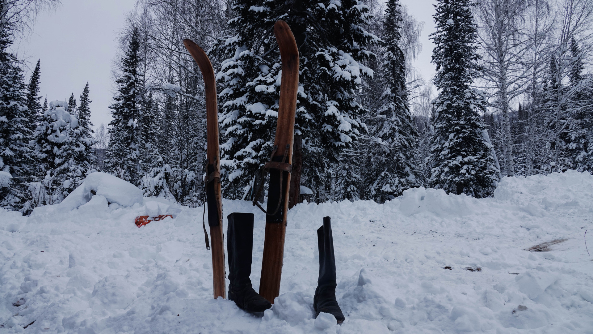 широкие промысловые лыжи с подбитой конским камусом (шкурой) подошвой, ВКО
