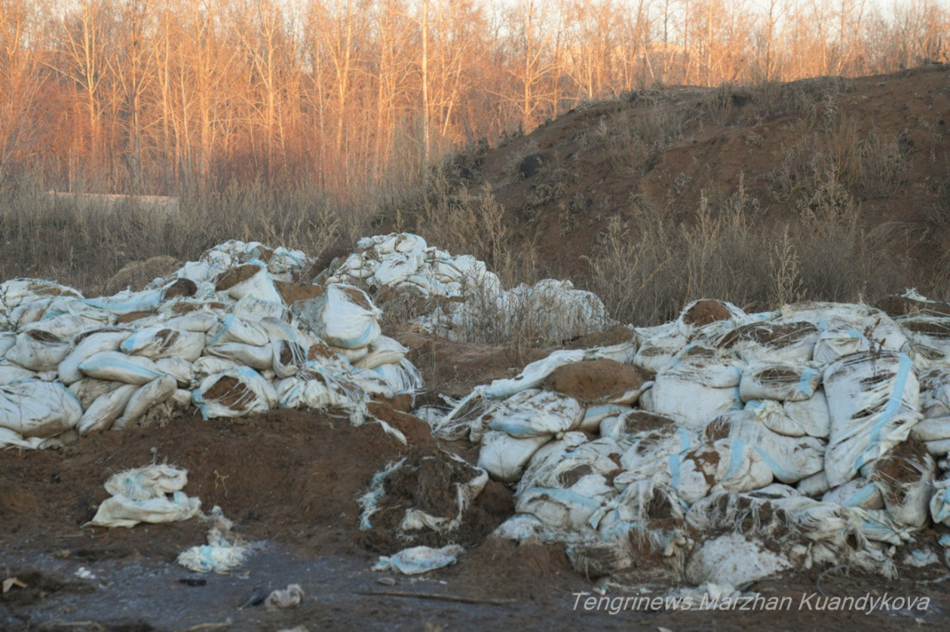 Дамба из мешков с песком, которыми жители Заречного в СКО пытались спасти посёлок от паводка