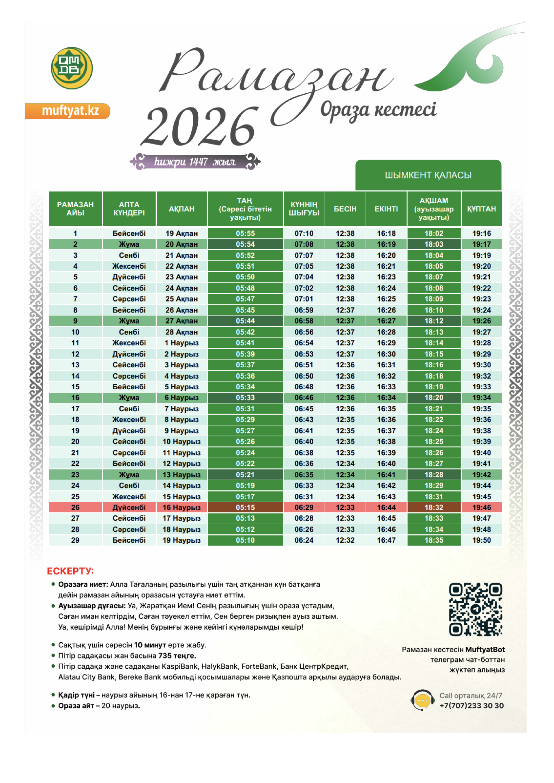 Ораза Шымкент расписание