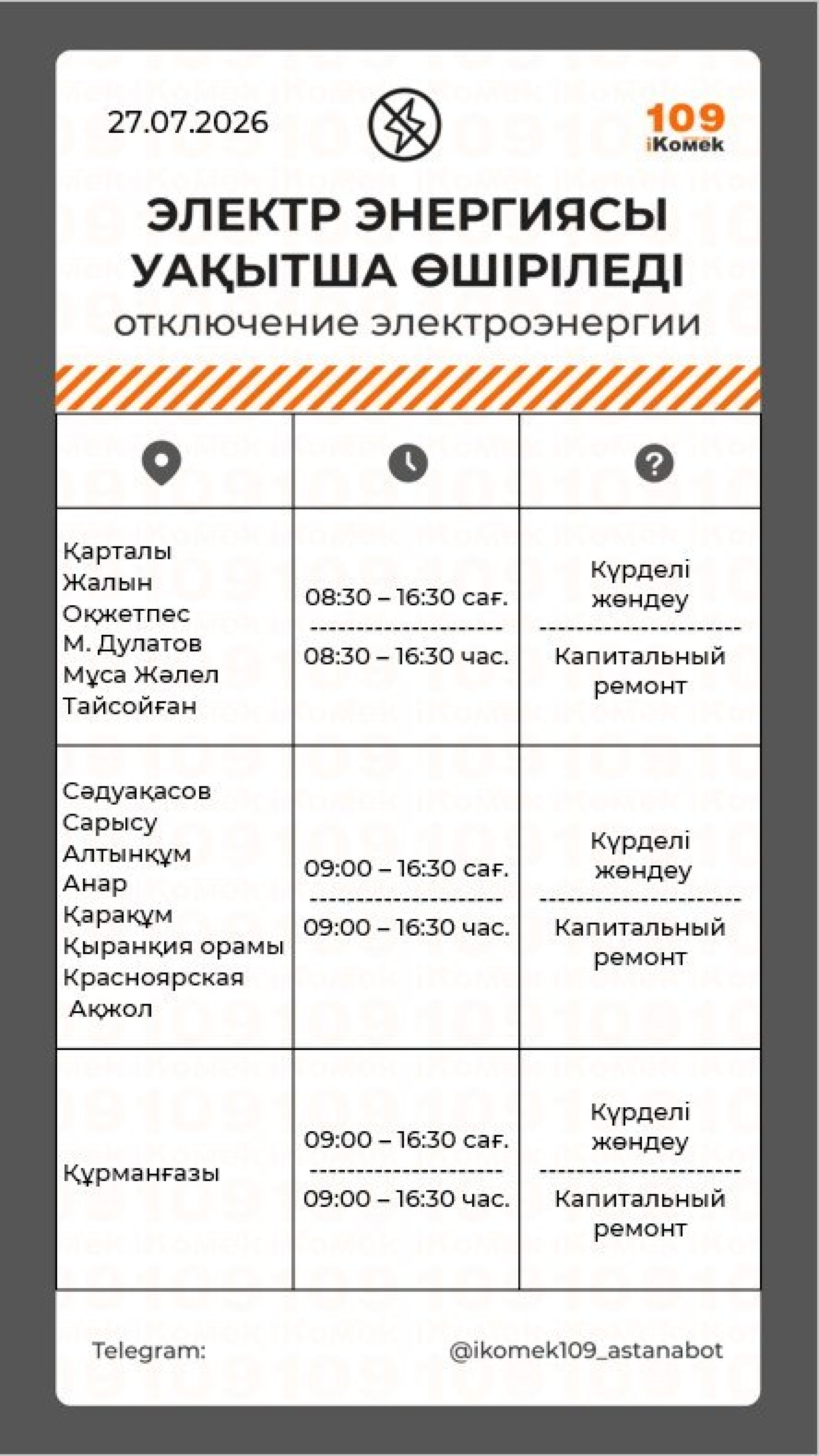 отключения света астана