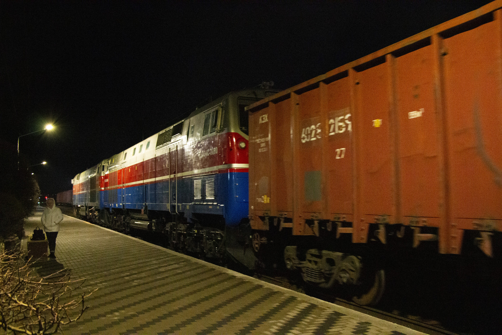 Товарный поезд, проезжающий станцию Капшагай