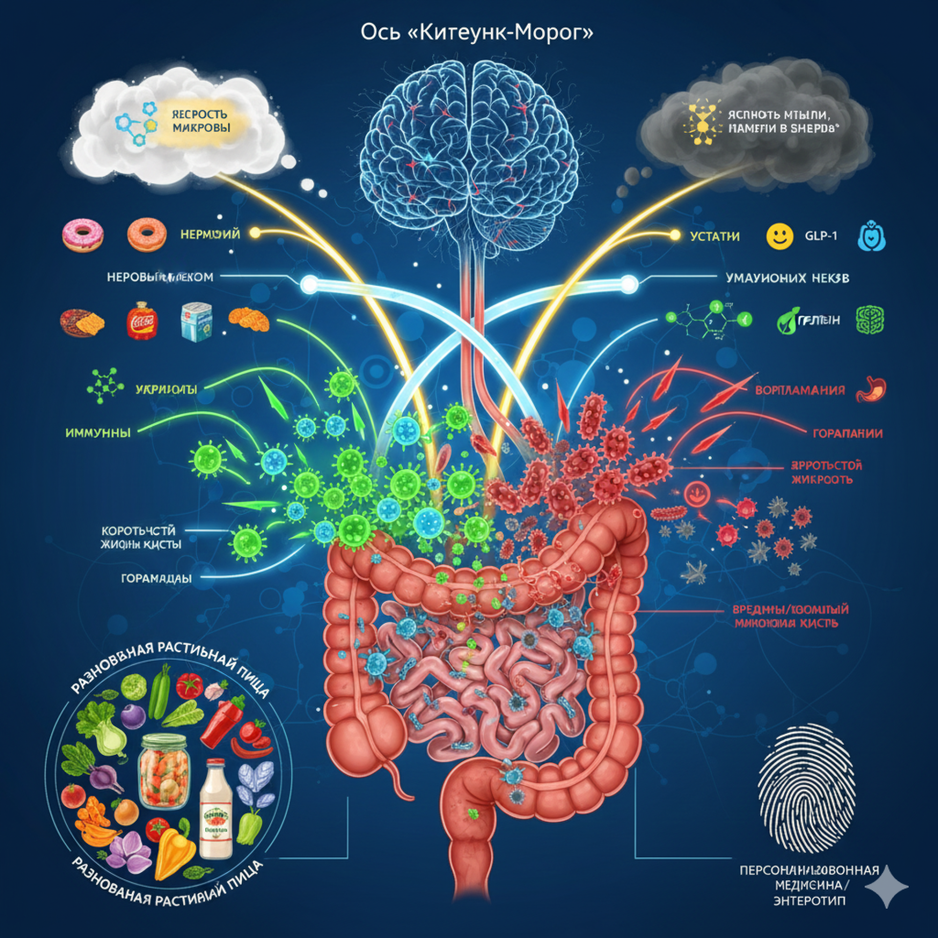 Связь кишечника и мозга через микробиом - схема взаимодействия органов