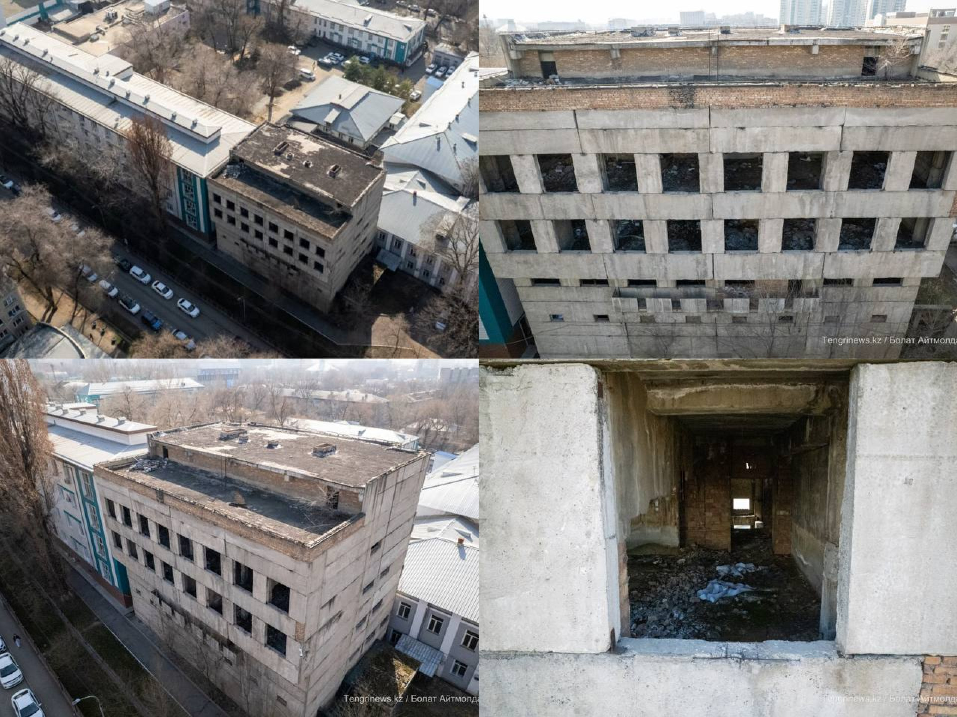 Недостроенное здание на территории НИИ онкологии и радиологии в Алматы - разные ракурсы, вид сбоку и вид сверху 