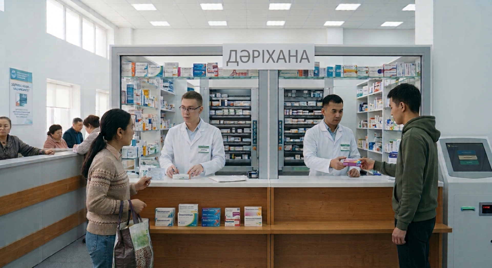 Женщина и мужчина покупают лекарства в аптеке
